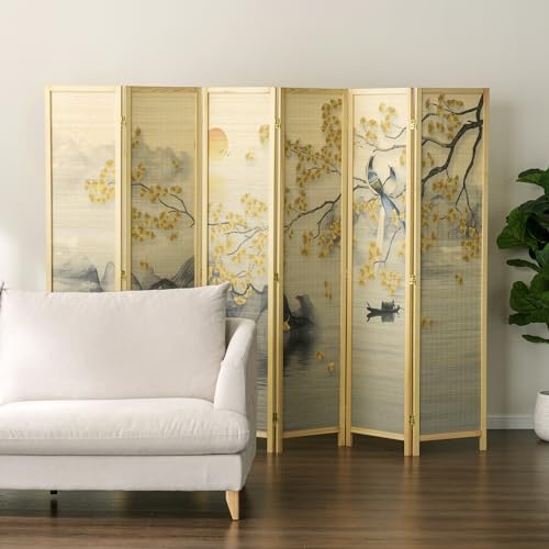 MyGift 6 Panel Large Bamboo Room Divider with Dual Sided Asian Birds Gingko Biloba Tree Sunset Design Print, 6FT Freestanding Artwork Privacy Partition Folding Screen with Beige Solid Wood Frame MyGift