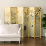 MyGift 6 Panel Large Bamboo Room Divider with Dual Sided Asian Birds Gingko Biloba Tree Sunset Design Print, 6FT Freestanding Artwork Privacy Partition Folding Screen with Beige Solid Wood Frame MyGift