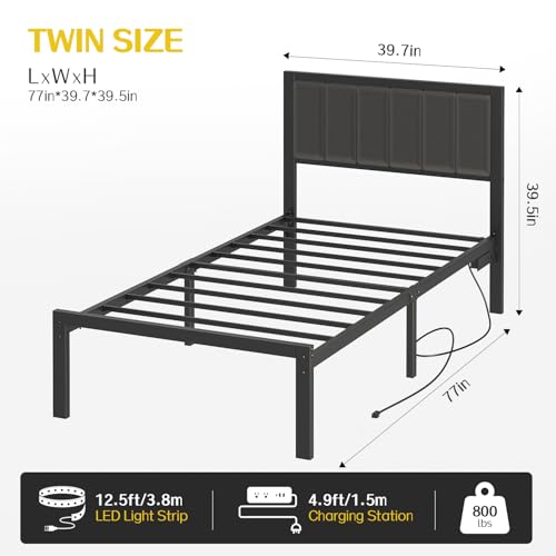 OLEVS Twin Bed Frame with Headboard Metal Platform Bed Twin Size with USB Charging Station and LED Lights, No Box Spring Needed OLEVS