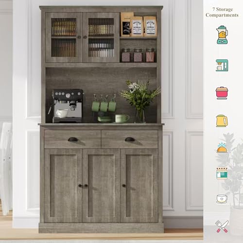 GarveeHome Pantry Cabinet with Drawers and Adjustable Shelves, 71" Tall Freestanding Kitchen Cabinet with Microwave Stand, Kitchen Hutch for Dining Room, Rustic Grey GarveeHome