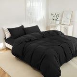 JIYUAN 100% Washed Cotton Duvet Cover Set 3 Pieces King, 1 Duvet Cover 104x90 Inches(Comforter Not Included) and 2 Pillowcases,Linen Feel Bedding Set Comfy and Breathable,Black JIYUAN