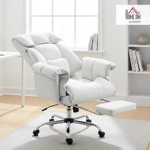 HOMCOM Executive Office Chair Comfy with Foot Rest, Reclining Swivel Computer Desk Chair with High Back, Thick Cushion, Padded Armrest, Adjustable Height, Rolling Wheels, Cream White HOMCOM