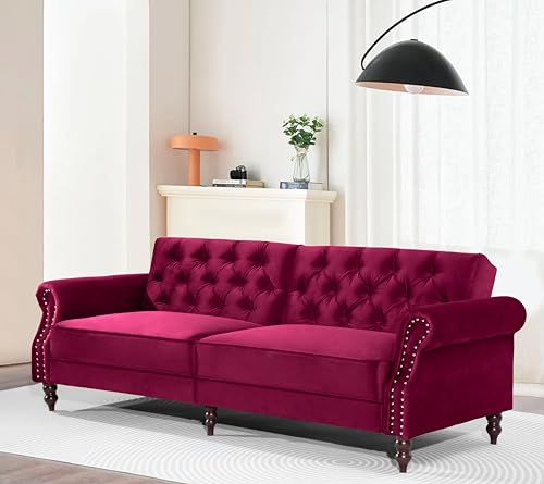 Legend Vansen 87.8 inchs Convertible Velvet Bed Sleeper Futon Sofas, Wine Red Legend Vansen