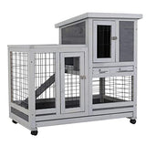 Rabbit Hutch Indoor and Outdoor Rabbit Cage 37 Inch Wide Wooden Hutch House Guinea Pig Cage with Wheels Rolling Large Hutch Cage,Grey PayLessHere