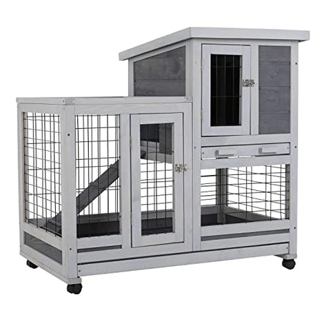 Rabbit Hutch Indoor and Outdoor Rabbit Cage 37 Inch Wide Wooden Hutch House Guinea Pig Cage with Wheels Rolling Large Hutch Cage,Grey PayLessHere