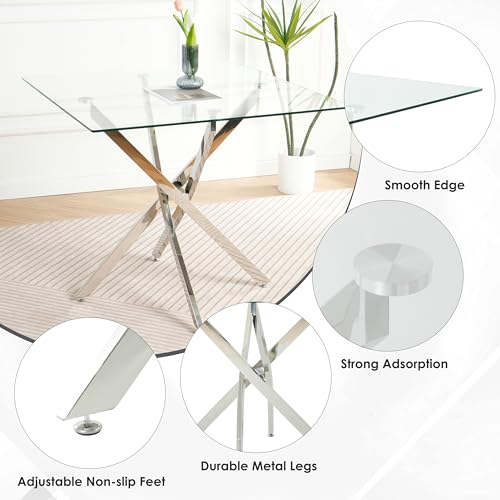 HAIZAO 5 Piece Silver Luxury Glass Dining Set, Modern Minimalist Kitchen Table Set for 4, 36'' Clear Square Glass Top Dinner Room Set, Grey High-end Tufted Chairs, for Small Place Living Room HAIZAO