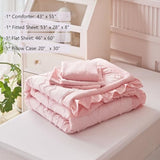 AIKASY Toddler Bedding Set 4 Pieces Super Soft Comforter Set, Shabby Boho Bohemian Design for Boys and Girls（Ruffle Fringe Comforter, Flat Sheet, Fitted Sheet and Pillowcase）- Coral Pink AIKASY