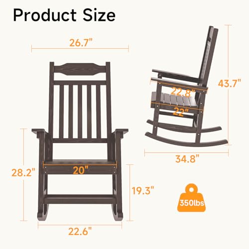 ONBRILL Outdoor Rocking Chair, All Weather Resistant HDPS Poly Rocker Chairs, Front Porch Rocker with 350 lbs Weight Capacity for Outdoor and Indoor-Brown ONBRILL