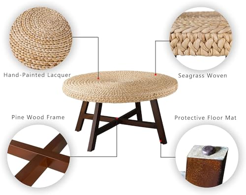RANDEFURN Coffee Table Round, Seagrass Coffee Tables,Pine Wood X Base Frame Cocktail Table, Easy Assembled, Multiple Sizes for Living Room, Solid Wood Table,32 x 17 Inches,Natural RANDEFURN