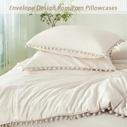 PERFEMET Girls Comforter Set Twin Size Beige Cream 5 Pieces Boho Pom Pom Bed in A Bag with Sheets Ultra Soft Lightweight Fluffy Beige Solid Bedding Set Matching 2 Pillowcases(Beige Cream, Twin) PERFEMET