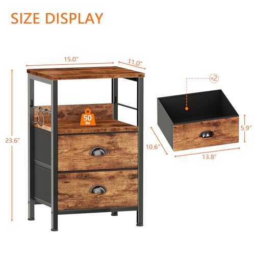 Furologee Nightstand with 2 Fabric Drawers, Night Stand with 2-Tier Shelf, Bedside Table with Hooks, Open Wooden Shelf, End Table for Bedroom, Backboard Design, Metal Frame, Rustic Brown Furologee