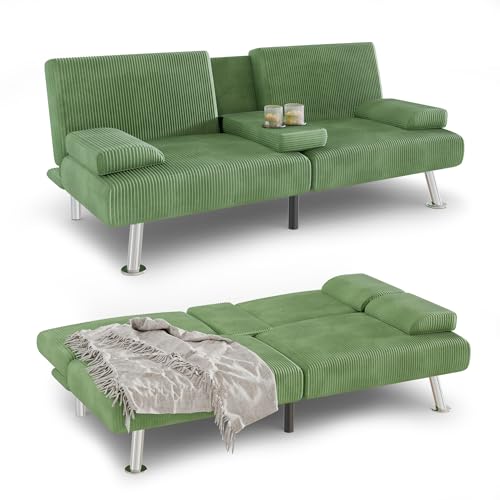 YESHOMY Futon Sofa Bed, Futon Couch with Adjustable Backrest, Convertible Sleeper Sofa with Removable Armrests, Loveseat in Corduroy with 2 Cup Holders for Living Room, Apartment (Green) YESHOMY