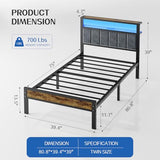 Liians Twin Size Platform Bed Frame with LED Lights, Grey Upholstered Headboard with 2-Tier Storage Shelves, Charging Station, Noise Free, No Box Spring Needed, Easy Assemably Liians