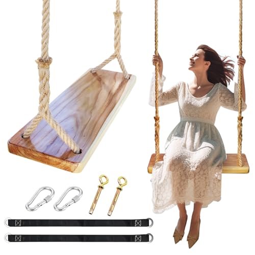 JMZOO Wooden Swing, Swing Seat 24"x 8"x 1.2",Adult Wooden Tree Swing 500lbs,Adjustable Hemp Rope & Extension Tree Straps 100 inch,Outdoor Wood Swing,Hanging Wooden Swing,Wood Swings for Adults Kids JMZOO