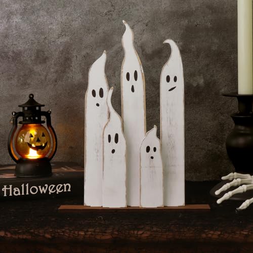 Halloween Table Decorations Indoor: Farmhouse Halloween Cute Ghost Decorations, Slender White Ghosts Wood Plank Signs Set, Rustic Tiered Tray Decor Wooden Ghost Desk Office Decor for Home Kids Treory