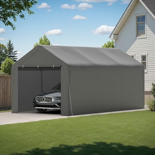 Carport, 10‘ x 20’ Heavy Duty Portable Garage All-Season Car Canopy w/Removable Sidewall & Doors, Carport Canopy Party Tent w/Water-Resistant Tarp for Backyard (Grey, 10‘ x 20’) Phonjoroo