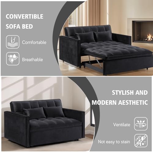3 in 1 Convertible Sleeper Sofa Bed, 54'' Full Size Velvet Pull Out Futon Couch Recliner with Reclining Backrest & 2 Pillows, Small Loveseat Lounge Couches for Small Spaces (Black) Generic