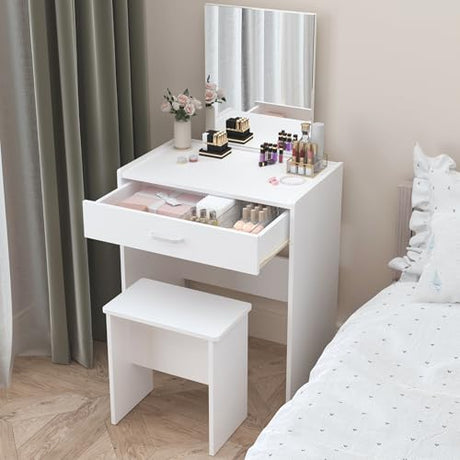 NAIYUFA Vanity Desk,Small Vanity with Storage Drawer & Chair,Makeup Vanity Desk with Mirror,Modern Vanity Table Set for Bedroom Small Space,White NAIYUFA