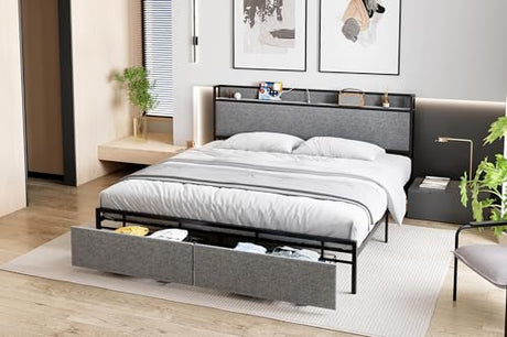 GarveeHome King Size Bed Frame with USB Ports and 2 Storage Drawers, Modern Platform Bed with Upholstered Shelf Headboard, Sturdy, Noise Free, No Box Spring Needed, Gray GarveeHome