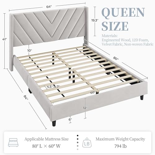 Yaheetech Beige Queen Upholstered Platform Bed with Wing Headboard & Wooden Slat Support Yaheetech