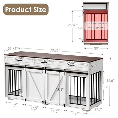 Zamildon's 71 in Dog Crate Furniture for 1 or 2 Dogs, Large Double Dog Cage with 3 Storage Drawers and Removable Divider, Dog Kennel Indoor As TV Stand with Sliding Barn Door Zamildon's