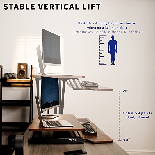 VIVO 32 inch Desk Converter, K Series, Height Adjustable Sit to Stand Riser, Dual Monitor and Laptop Workstation with Wide Keyboard Tray, Vintage Brown Top, Black Frame, DESK-V000KN VIVO