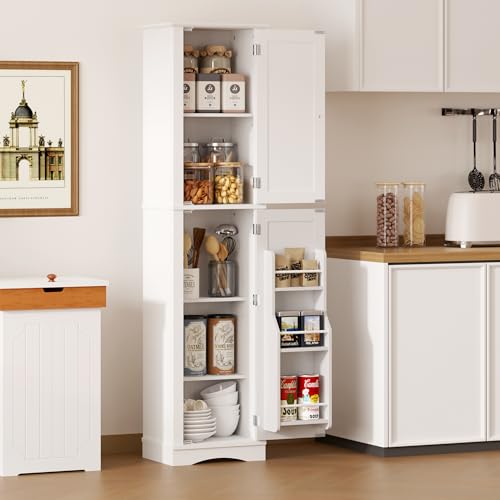Function Home Tall Bathroom Storage Cabinet, 64" Slim Kitchen Pantry with Door Storage, Narrow Wood Freestanding Cabinets with Adjustable Shelves for Kitchen Living Room Dining Room, White Function Home