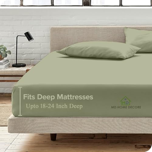 Extra Deep King Fitted Sheet - Hotel Luxury Single Fitted Sheet Only - Easily Fits 18 inch to 24 inch Mattress - Extra Deep Pockets - 100% Egyptian Cotton - Breathable, Bottom Sheets - Sage Solid MD Home Decore
