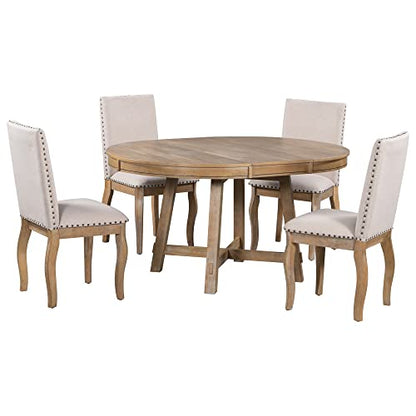 Merax 5-Piece Farmhouse Wooden Round Extendable Dining Table Set with 4 Upholstered Chairs, Family Kitchen Furniture, Natural Wood Wash_5Pcs