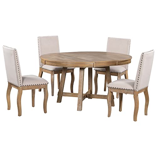 Merax 5-Piece Farmhouse Wooden Round Extendable Dining Table Set with 4 Upholstered Chairs, Family Kitchen Furniture, Natural Wood Wash_5Pcs - WoodArtSupply