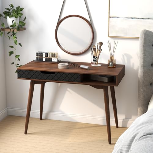 Tangkula Mid-Century Modern Computer Desk, Home Office Desk w/Drawer & Open Compartment, Laptop PC Desk w/Rubber Wood Legs, Makeup Vanity Table, Vintage Writing Desk Workstation for Study, Bedroom Tangkula