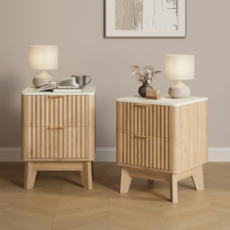 TROJM Fluted Nightstand Set of 2,Modern End Table with Faux Marble Top,2 Storage Drawers Side Table,Bedside Table for Bedroom, Living Room,Curved Profile Design Furnitue,Natural Oak TROJM