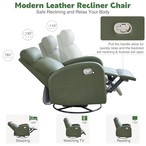 HOMYKA Swivel Rocker Recliner Chair, Manual Faux Leather Recliner, Glider Rocking Recliners 360°Swivel Nursery Reclining Chairs with Adjustable Headrest Highback for Living Room, Dark Green