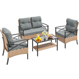 YITAHOME 4-Piece Patio Furniture Wicker Outdoor Bistro Set, All-Weather Rattan Conversation Loveseat Chairs for Backyard, Balcony and Deck with Soft Cushions and Metal Table (Light Brown+Gray) YITAHOME
