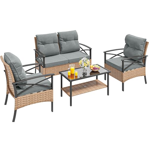 YITAHOME 4-Piece Patio Furniture Wicker Outdoor Bistro Set, All-Weather Rattan Conversation Loveseat Chairs for Backyard, Balcony and Deck with Soft Cushions and Metal Table (Light Brown+Gray - WoodArtSupply