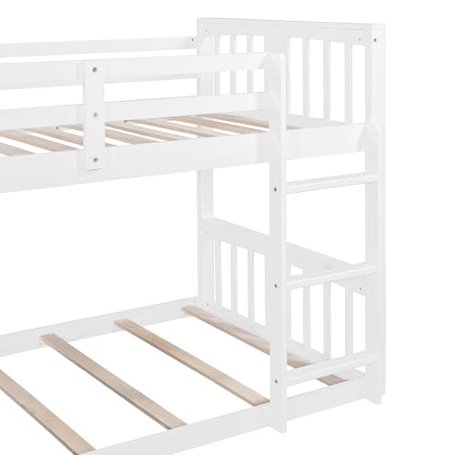 Ball & Cast Bunk Bed Twin Over Twin Beds,with Slide and Ladder,Wood Low Floor Bedframe w/Full-Length Guardrail & Space Saving,No Box Spring Needed,Bedroom Furniture for Student Dorms,White Ball & Cast