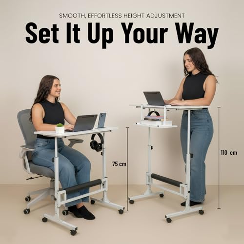 Zaqei Model 2026 Adjustable Height Rolling Desk with Wheels Portable Compact Laptop Table Mobile Workstation for Study Office Small Space Standing Desk Ergonomic Writing Surface Modern Home Furniture Zaqei
