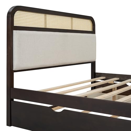 Ball & Cast Queen Wooden Platform Bed with Pull Out Trundle & Storage Drawers,Classic Bedframe W/Luxurious Padding Headboard,Rattan Accent,Modern Furniture for Bedroom Guest Room Apartment,Espresso Ball & Cast