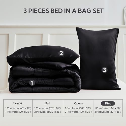 MR&HM King Size Comforter Set Black, Reversible Satin Microfiber Comforter Set for All Seasons, 3 Pieces Non-Slip Silky Soft Bedding Sets with 1 Comforter (104"x90") and 2 Pillowcases (20"x36") MR&HM