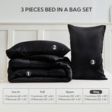MR&HM King Size Comforter Set Black, Reversible Satin Microfiber Comforter Set for All Seasons, 3 Pieces Non-Slip Silky Soft Bedding Sets with 1 Comforter (104"x90") and 2 Pillowcases (20"x36") MR&HM