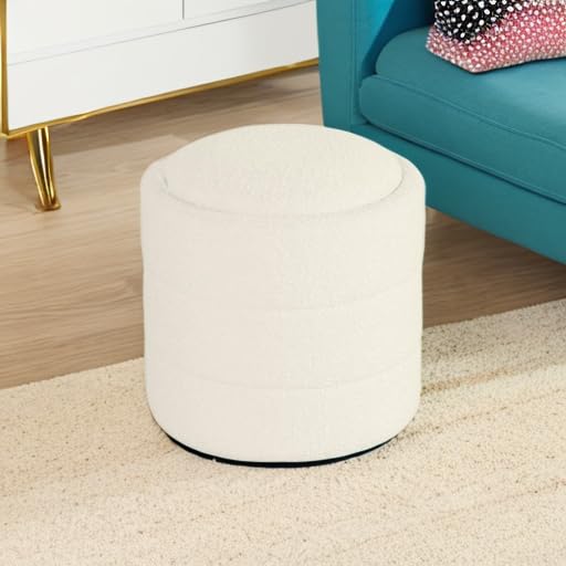 HomePop Storage Round Ottoman with Removable Lid Home Décor|Upholstered Round Foot Rest Ottoman - Cream Boucle HomePop