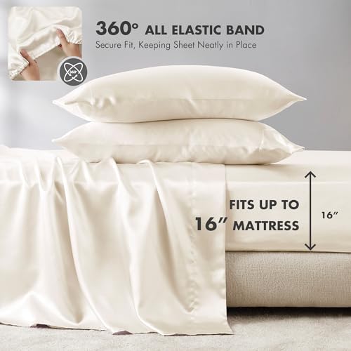 Madison Park Essentials Satin Sheet Set Luxury and Silky with Natural Sheen, Elastic 14" Pocket fits up to 16" Mattress, All Around Elastic - Year-Round Bedding, Full, Ivory, 6 Piece Madison Park