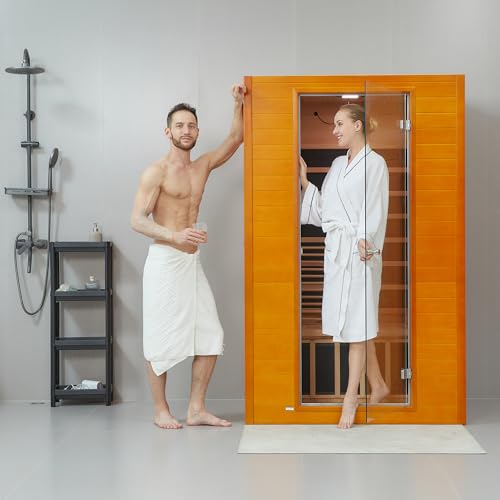 RESTISLAND Canadian Hemlock Wood Far Infrared Sauna Room of Near Zreo EMF, 9 Chromo Therapy Lights, Oxygen Ionizer for Home and Indoor Use, with Bluetooth, LCD Control Pannel, 2 Person