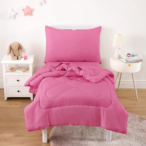 Wake In Cloud - Toddler Bedding Set for Boys Girls, 4 Pieces Soft Crib Bed Set Including Comforter, Sheets and Pillowcase, Hot Pink Wake In Cloud
