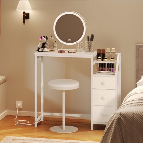 YATINEY Small Vanity Desk Without Mirror, Makeup Vanity Table with Power Outlet, White Vanity with Fabric Drawers, Dressing Table, for Small Spaces, Bedroom, White YATINEY
