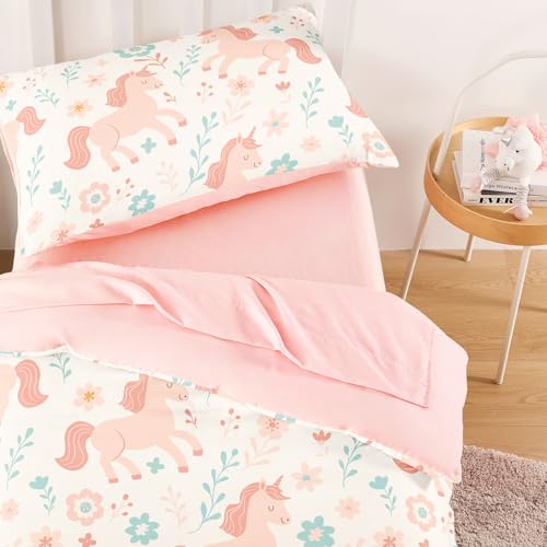 Wake In Cloud - Toddler Bedding Set for Girls, Cute Unicorn Floral Botanical, 4 Pieces Soft Crib Bed Set Including Comforter, Sheets and Pillowcase, Light Cream Wake In Cloud