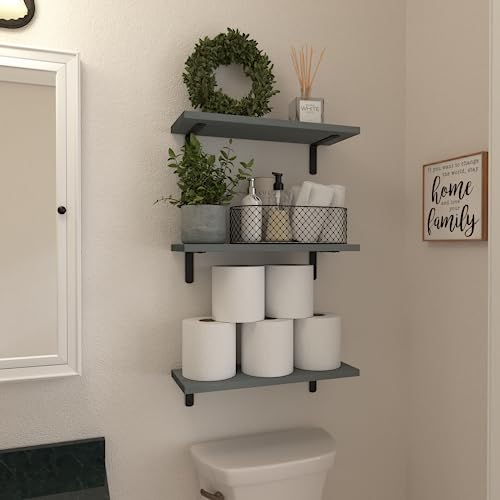 WOPITUES Floating Shelves Set of 6, Rustic Farmhouse Wood Shelves for Wall Decor, Bathroom Shelves, Book Shelves for Living Room-Grey