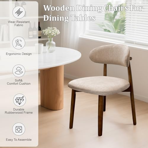 Farmhouse Dining Chairs Set of 4, Mid Century Modern Fabric Upholstered Kitchen Chairs, Wooden Dining Room Chair with Curved Back for Kitchen Dining Room Restaurant Cafe, Light Camel (Only Chairs) AmoUnico