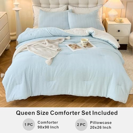 tohrisa Boho Comforter Set Queen Size Striped Pleats Bohemian Seersucker Bedding Set All Season Soft Cozy 3 Pieces Quilt with 2 Pillowcases(90"X90" Light Blue) tohrisa