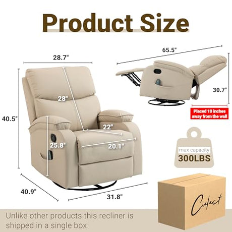 Culect 360° Swivel Rocking Recliner Chair, Massage Lazy Boy Recliner, Small Spaces Recliner for Living Room, Bedroom and Nursery, Beige Leather Culect